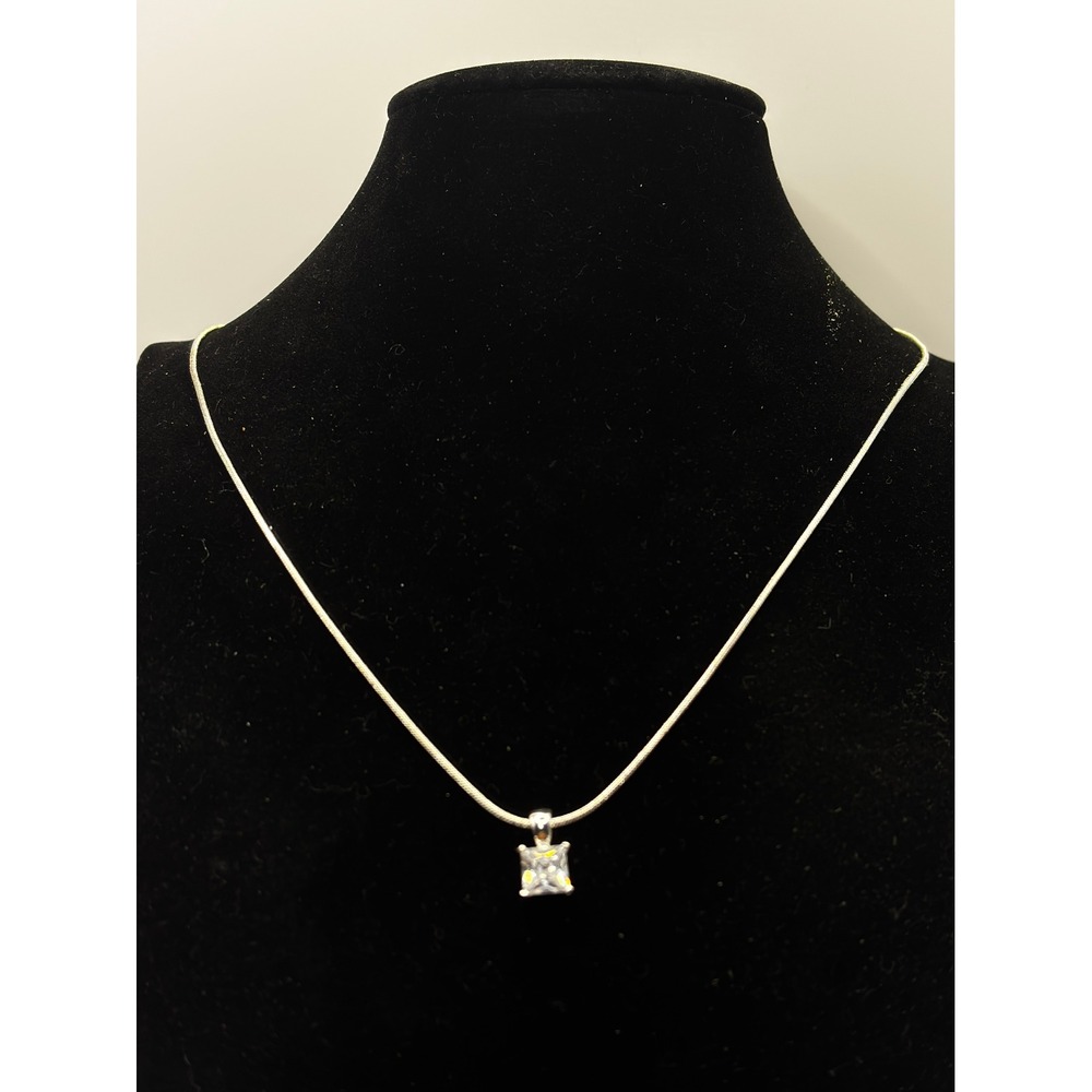 Social Gallery Necklace Womens 16" Silver Cubic Zirconia Princess Cut Solitaire‎